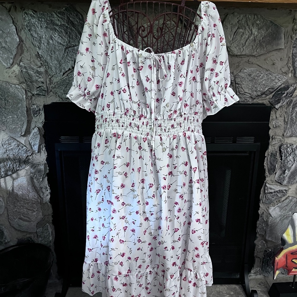 SHEIN 4XL Fits 2X  White Midi Dress with Pink Floral Print (52”B x 42”L)